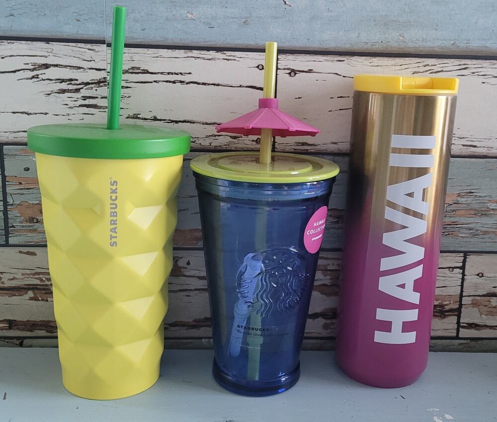 Starbucks Hawaii Collection Tumbler Lot 3 Cold Cups Yellow Blue Pink RARE